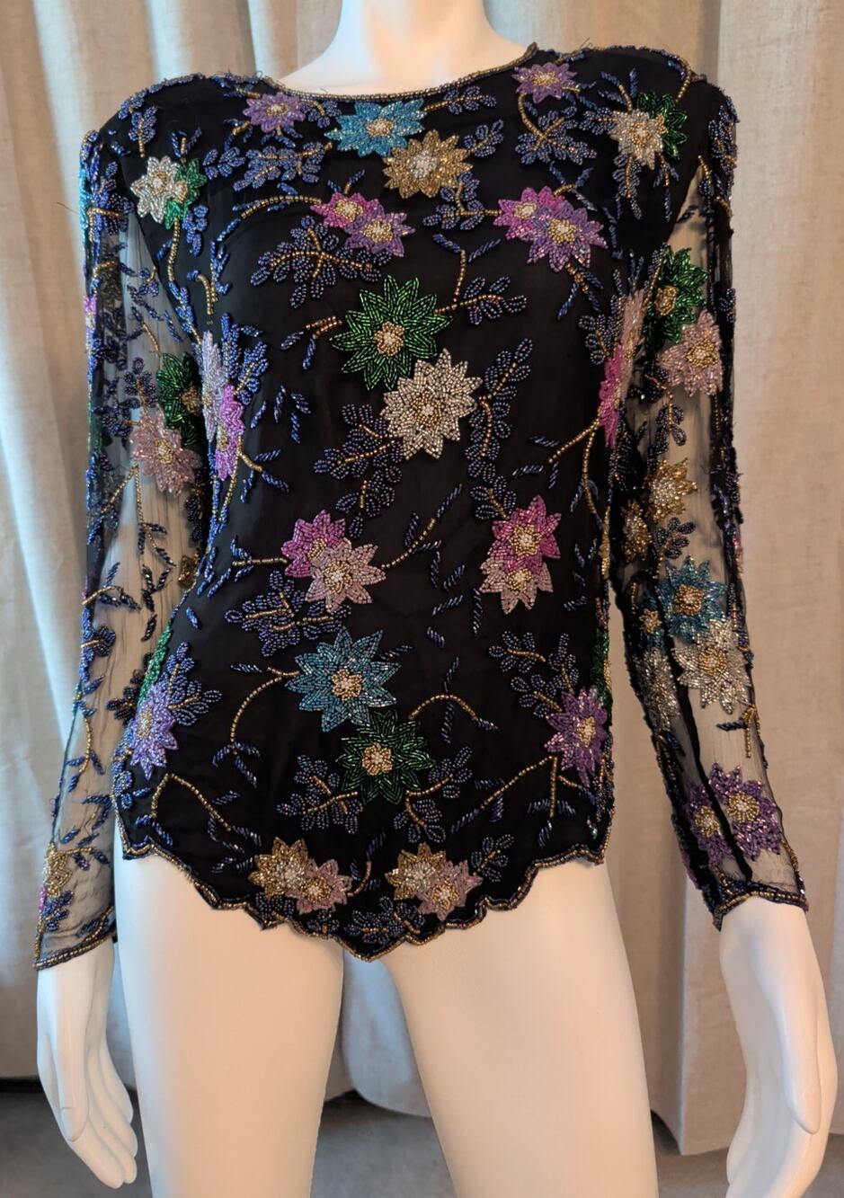 VTG Laurence Kazar Beaded 100% Silk Top Beaded Sequins Sheer Long Sleeve Size XL